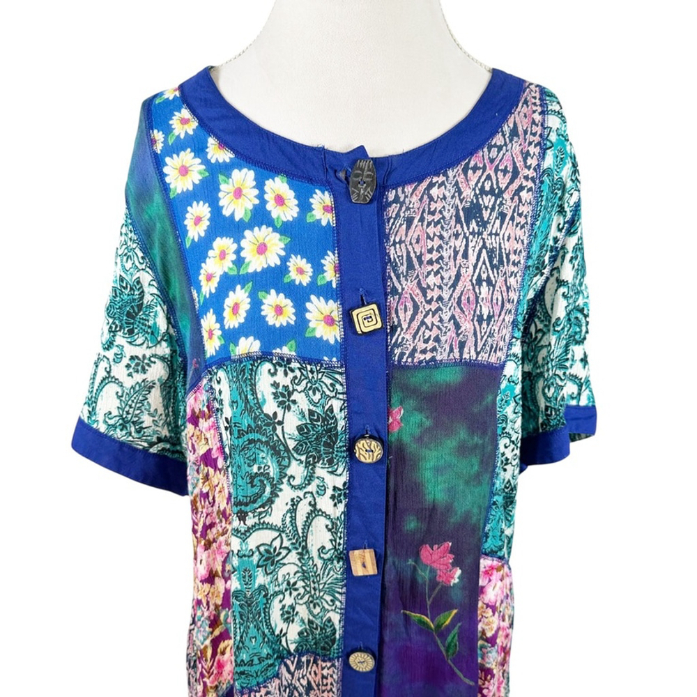 La Cera Button Dress Patchwork Boho Ethnic Midi Pockets Cottage Whimsy Size XL - Picture 9 of 10